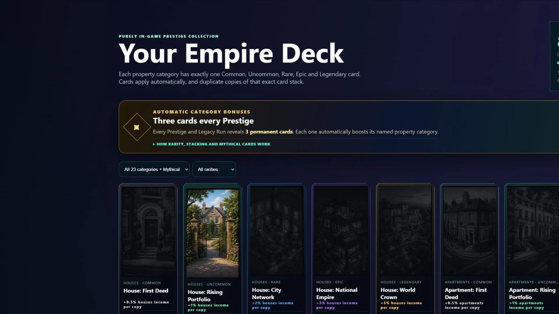 Actual Empire Deck screen showing house and apartment cards, from Common to Legendary.