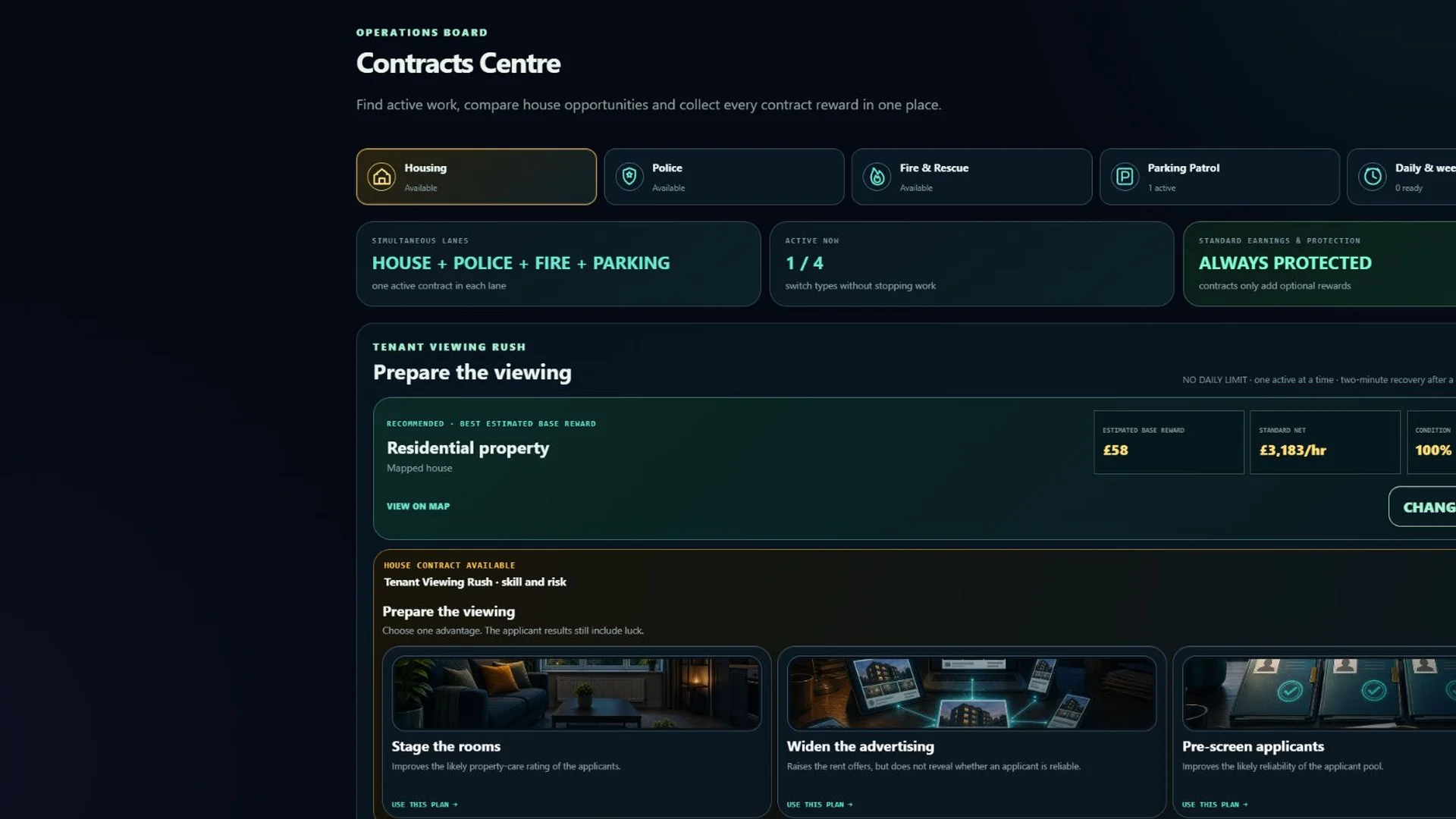 Actual Contracts Centre gameplay with an active house contract and three choices for preparing a tenant viewing.