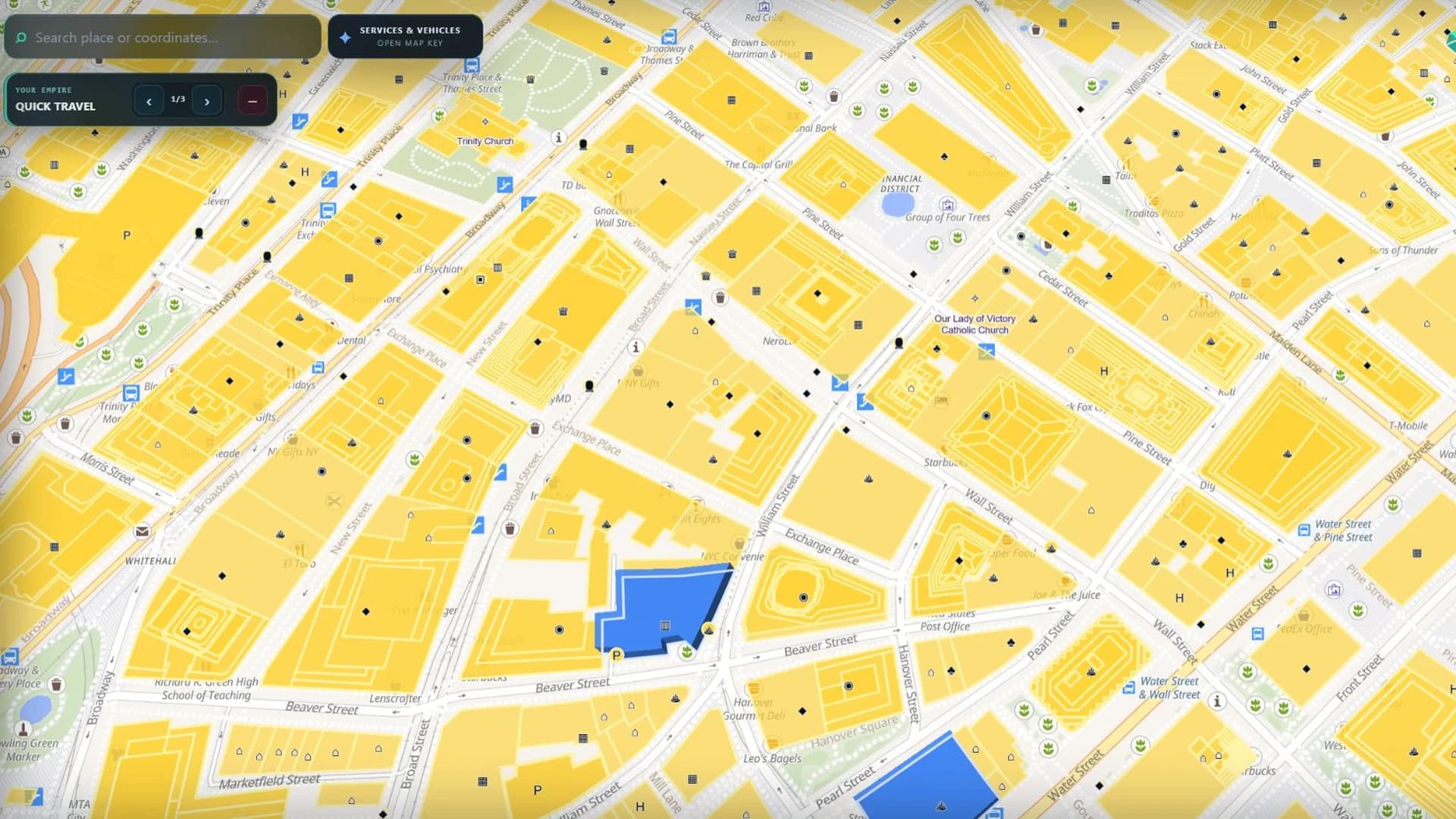 Actual Own the Map gameplay: the streets and buildings around Wall Street, New York, on the playable world map.